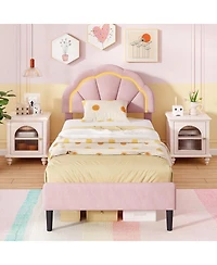 Twin Size Upholstered Led Bed Frame with Adjustable Flower Headboard and Metal Support Legs