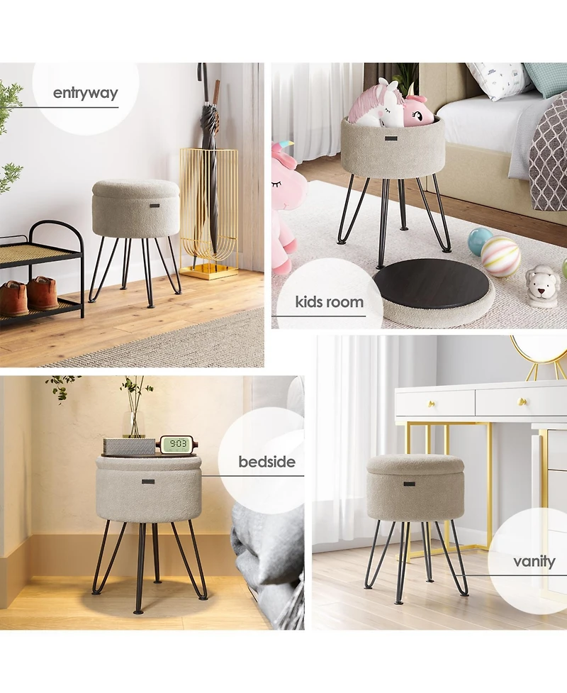 Nestl Modern Boucle Round Ottoman with Hidden Storage – Foot Stool, Makeup Vanity Small Rest, Perfect for Living Room & Bed