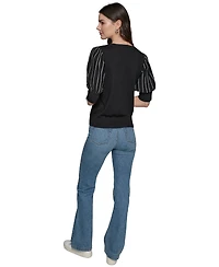 Karl Lagerfeld Paris Women's Puffed-Sleeve V-Neck Sweater