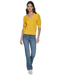 Karl Lagerfeld Paris Women's Puffed-Sleeve V-Neck Sweater