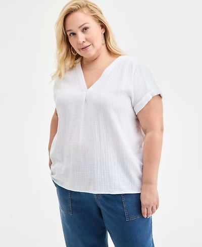 Style & Co Plus Size Solid V-Neck Camp Shirt, Exclusively at Macy's