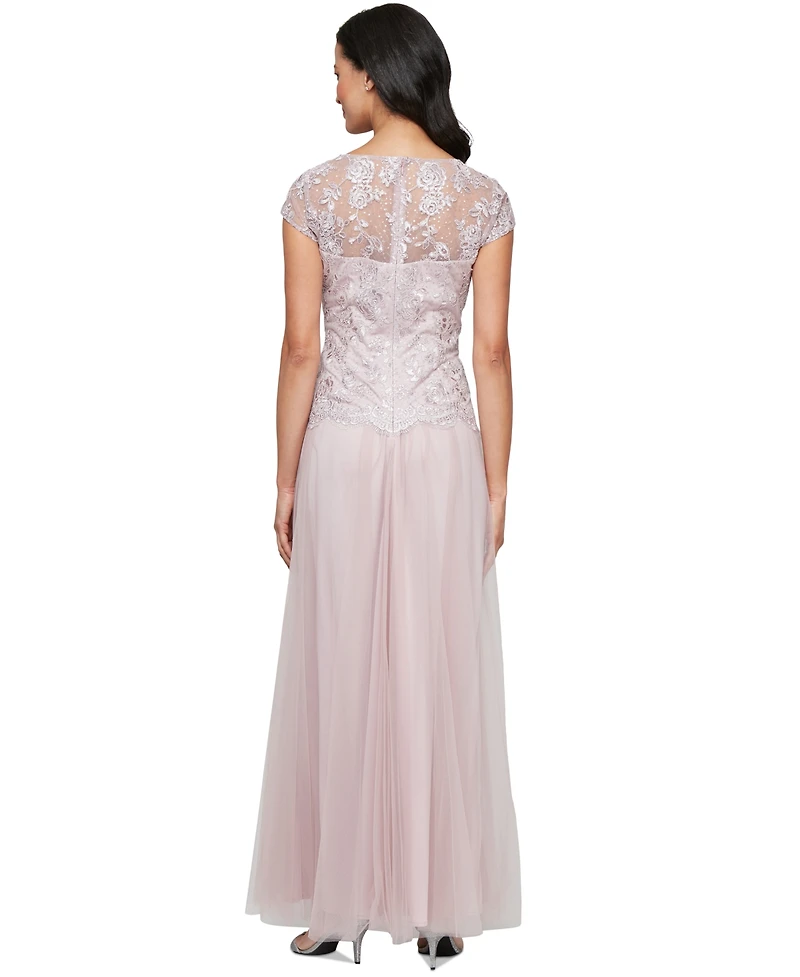 Alex Evenings Women's Embroidered-Chiffon Tulle-Skirt Gown