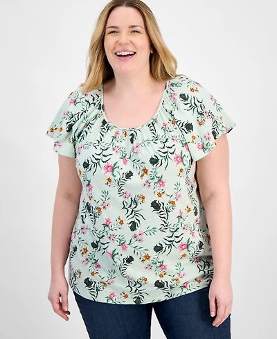 Style & Co Plus Printed Flutter-Sleeve Top, Exclusively at Macy's
