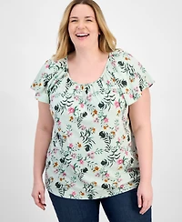 Style & Co Plus Printed Flutter-Sleeve Top, Exclusively at Macy's