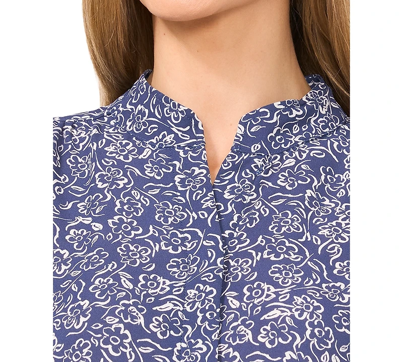 CeCe Women's Printed Open-Collar Elbow-Sleeve Top
