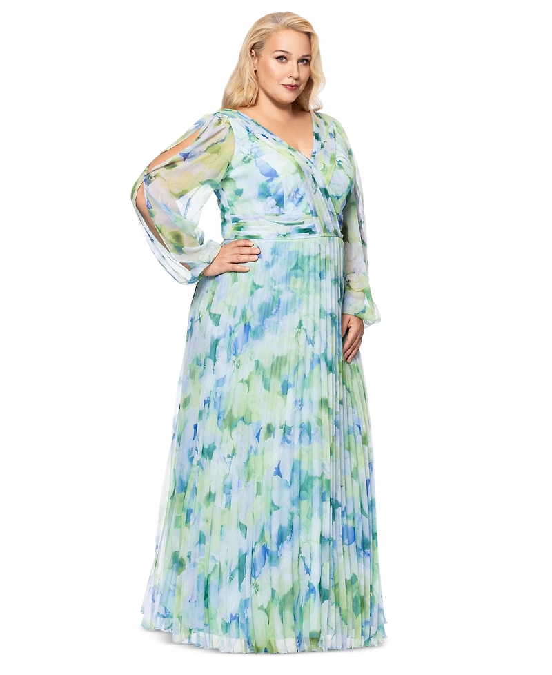 Betsy & Adam Plus Printed Pleated Long-Sleeve Gown
