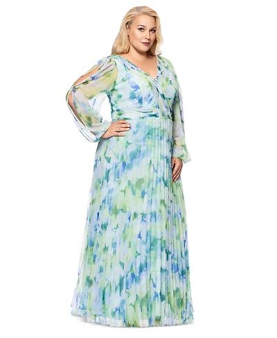 Betsy & Adam Plus Printed Pleated Long-Sleeve Gown