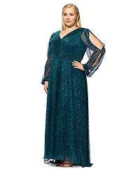 Betsy & Adam Plus Metallic Pleated Split-Sleeve Gown