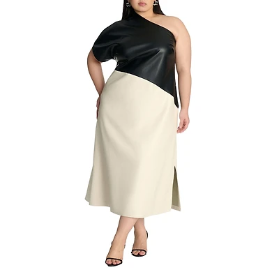Eloquii Women's One Shoulder Colorblock Faux Leather Dress