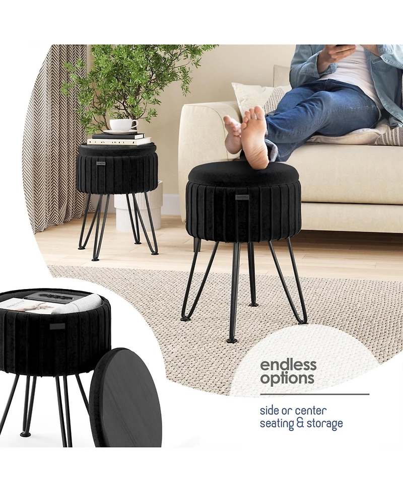 Pleated Velvet Round Ottoman with Storage – Modern Foot Stool, Makeup Vanity Small Rest, Perfect for Living Room & Bedroom