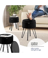Pleated Velvet Round Ottoman with Storage – Modern Foot Stool, Makeup Vanity Small Rest, Perfect for Living Room & Bedroom