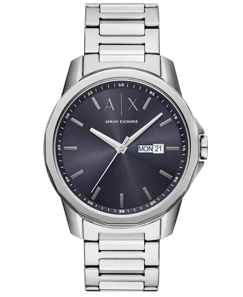 A|X Armani Exchange Men's Quartz Three-Hand Day-Date Silver Stainless-Steel Watch, 44mm