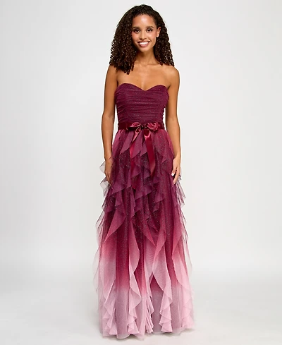 pear culture Juniors' Corkscrew-Ruffled Strapless Gown