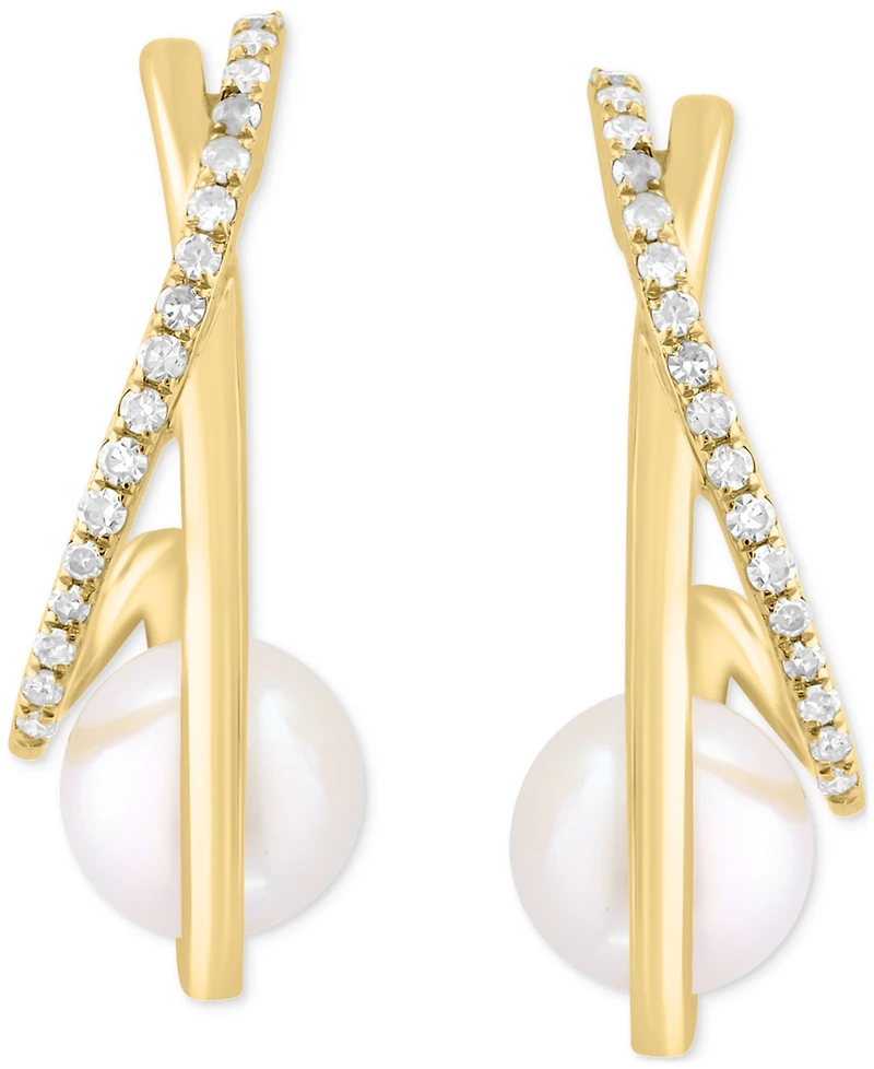 Effy Cultured Freshwater Pearl (6-1/2mm) & Diamond (1/6 ct. t.w.) Half Hoop Earrings in 14k Gold