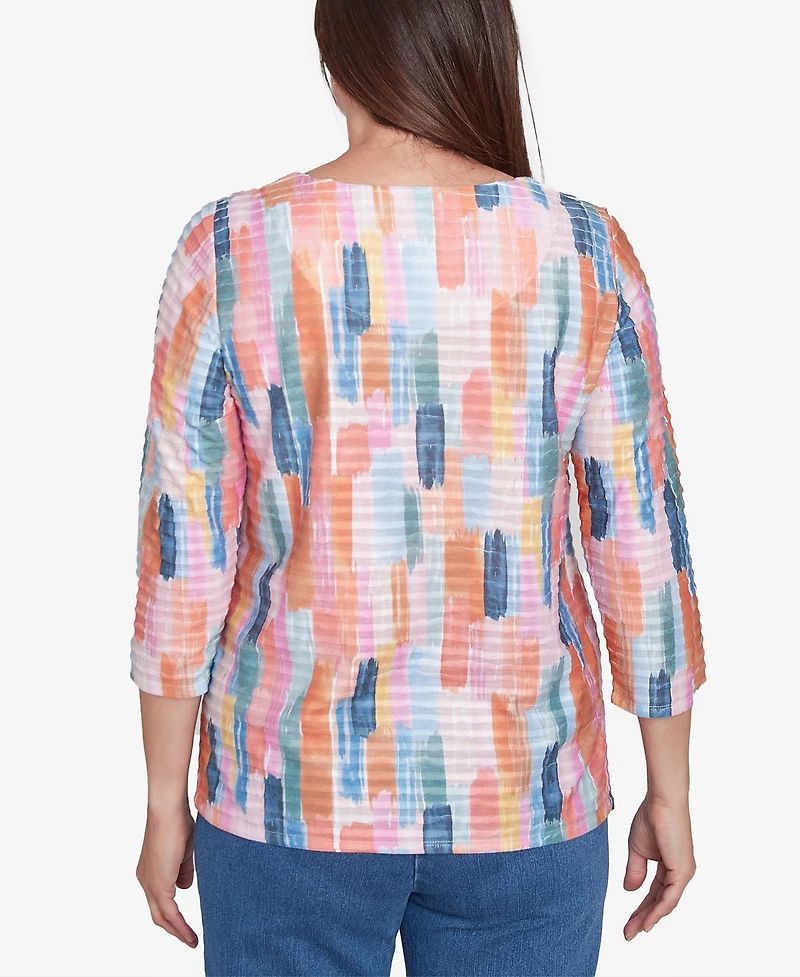 Alfred Dunner Petite Free Spirit Mini Ruffle Brushstroke Crew Neck Top