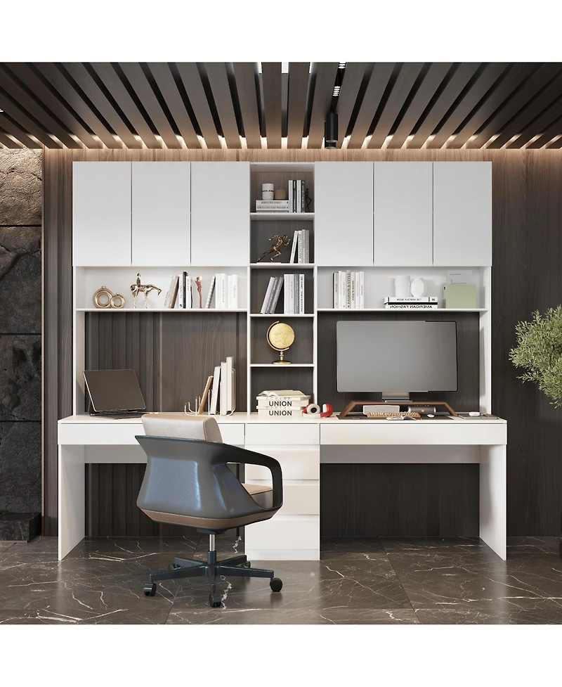 Famapy 94.5 in. W Large 2 in. 1 Wood Double Computer Desk White Writing Desk 86.6 in. Tall Bookshelf, Drawers Home Office