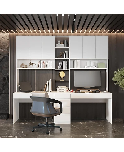 Famapy 94.5 in. W Large 2 in. 1 Wood Double Computer Desk White Writing Desk 86.6 in. Tall Bookshelf, Drawers Home Office