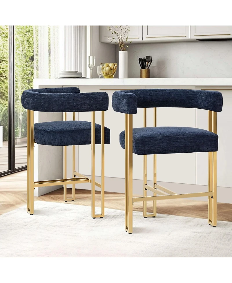 25'' Counter Height Stool with Gold Metal Legs, Chenille Upholstery, Curved Back and Armrest, 1 Unit-Maison Boucle