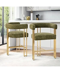 25'' Counter Height Stool with Gold Metal Legs, Chenille Upholstery, Curved Back and Armrest, 1 Unit-Maison Boucle