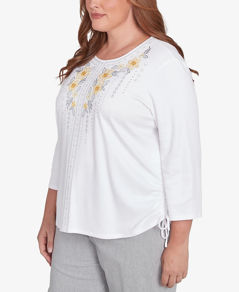 Alfred Dunner Plus Size Dress Code Linear Knit Floral Embroidered Crew Neck Top