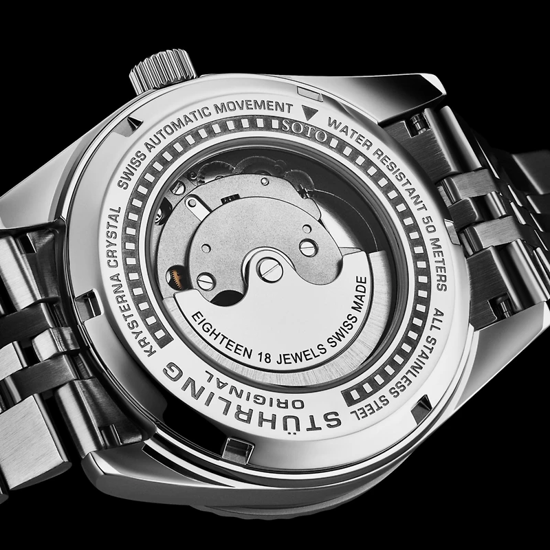 Stuhrling Datemaster Ii Men s Swiss Automatic 42mm Stainless Steel Watch, Black Dial, Fluted Bezel, Day & Date, 100M Water Resistant