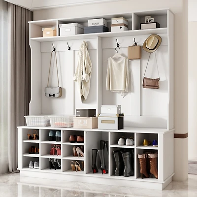 Famapy 63 in. W White Wood 3-in-1 Hall Tree Coat Rack Shoe Storage Bench with 6-Metal Double Hooks, Shoe Rack and Shelves