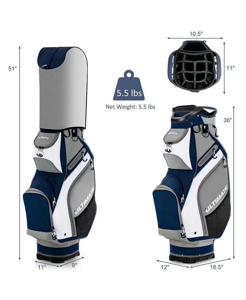 10.5 Inch Golf Cart Bag with 14 Way Dividers and 7 Zippered Pockets