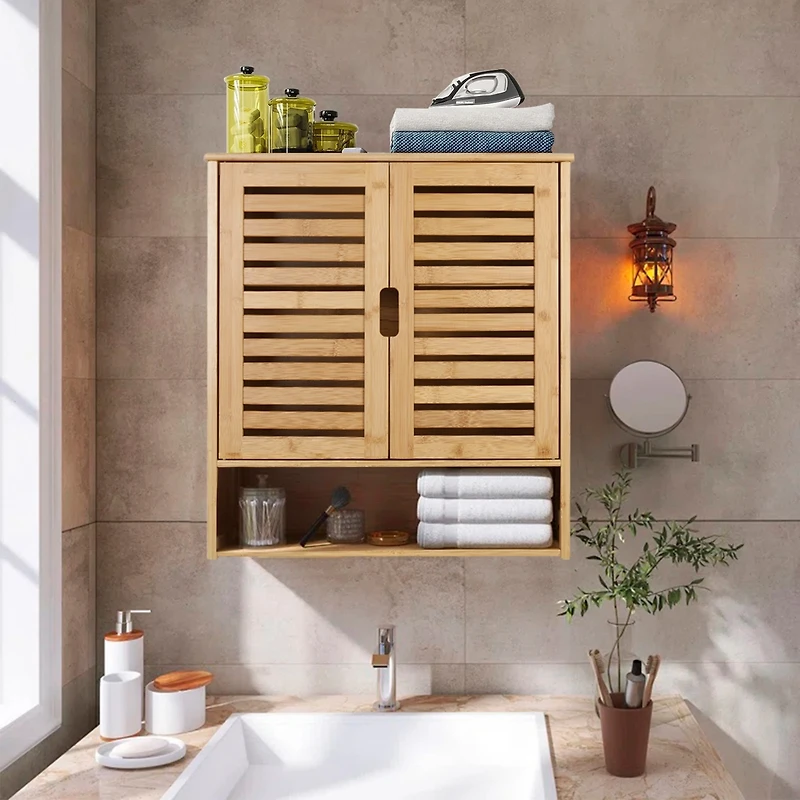 Unho Bathroom Wall Cabinet: Bamboo Wood Kitchen Wall Mounted Medicine Cabinet with 3 Shelves
