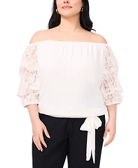 Vince Camuto Plus Size Off-The-Shoulder Lace Bubble 3/4-Sleeve Tie-Front Blouse