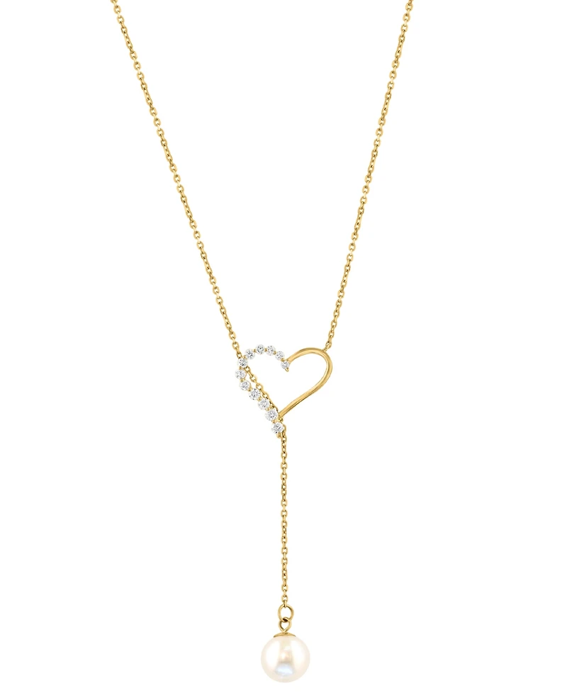 Effy Cultured Freshwater Pearl (6-1/2mm) & Diamond (1/6 ct. t.w.) Heart 18" Lariat Necklace in 14k Gold