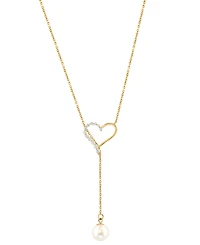 Effy Cultured Freshwater Pearl (6-1/2mm) & Diamond (1/6 ct. t.w.) Heart 18" Lariat Necklace in 14k Gold