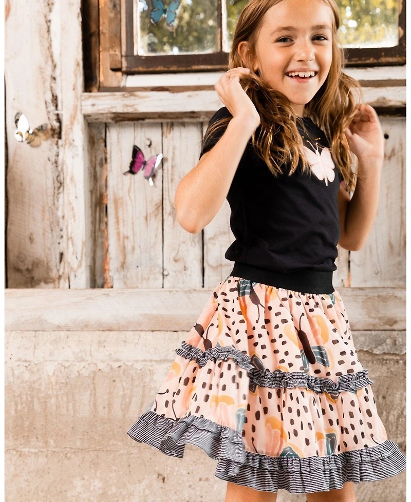 Deux par Deux Toddler Girls Printed Ruffle Skirt Black And Pink Butterflies - Toddler|Child