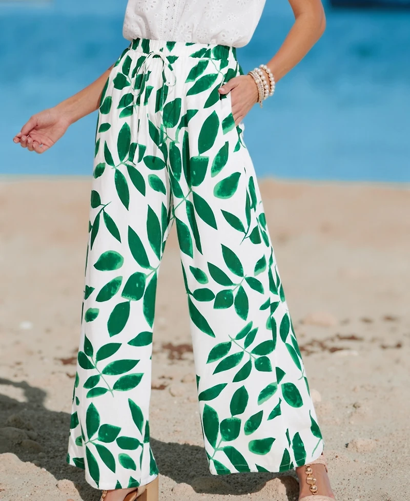 Cupshe Women's White & Green Tropical Leaf Drawstring Cover-up Pants