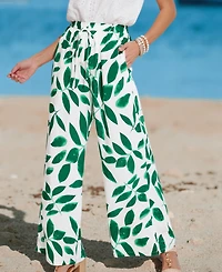 Cupshe Women's White & Green Tropical Leaf Drawstring Cover-up Pants
