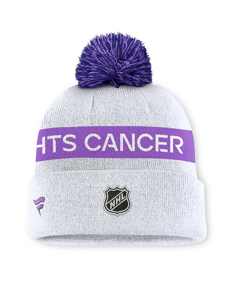 Fanatics Men's White Nhl-Logo Hockey Fights Cancer Cuffed Knit Hat with Pom