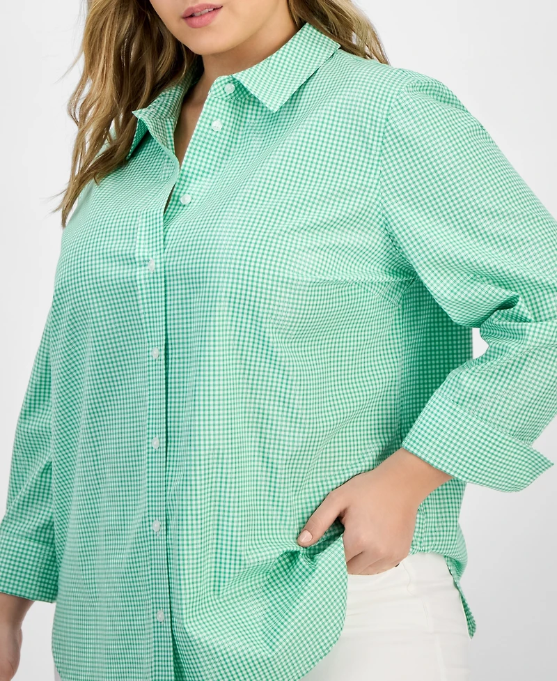 Kasper Plus Size Gingham Button-Up 3/4-Sleeve Shirt