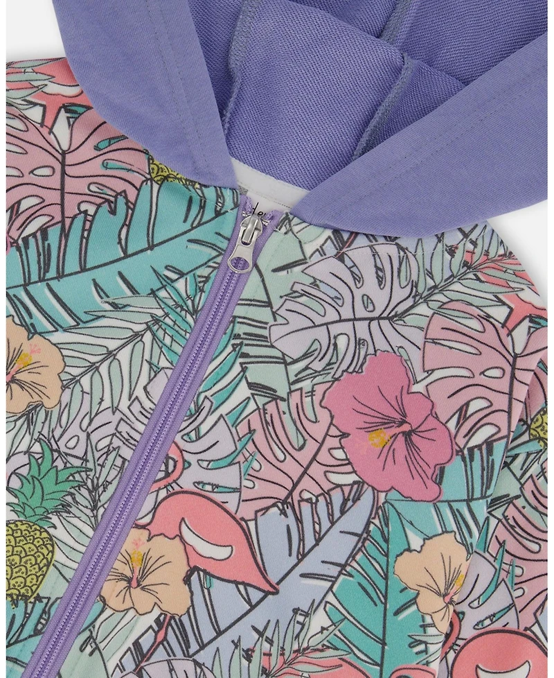 Deux par Deux Toddler Girls Printed French Terry Hoodie Cardigan Lilac Tropical And Pink Flamingos - Toddler|Child