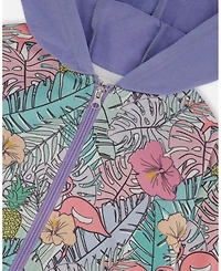Deux par Deux Toddler Girls Printed French Terry Hoodie Cardigan Lilac Tropical And Pink Flamingos - Toddler|Child