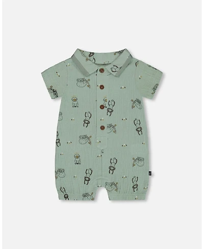 Deux par Deux Baby Boys Printed Muslin Romper Sage Monkey