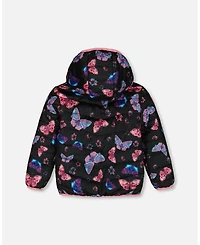 Deux par Deux Baby Girls Printed Quilted Mid-Season Jacket Multicolored Butterflies On Black Background