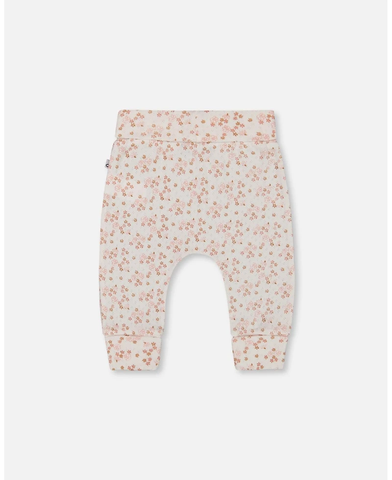 Deux par Deux Baby Girls Cotton Pointelle Evolutive Pant Printed Pink And White Flowers