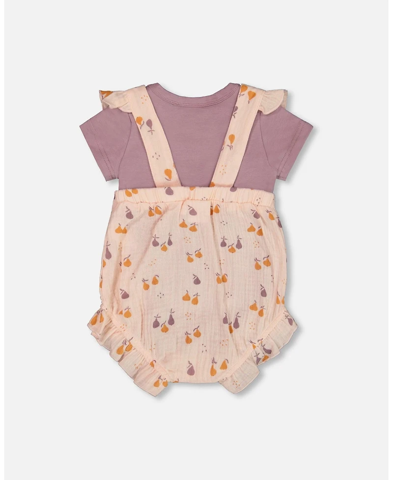 Deux par Baby Girls Printed Muslin Shortall And Cotton Onesie Set Peach With Pears