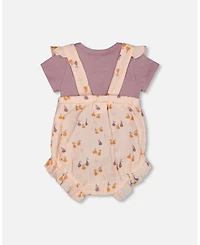 Deux par Baby Girls Printed Muslin Shortall And Cotton Onesie Set Peach With Pears