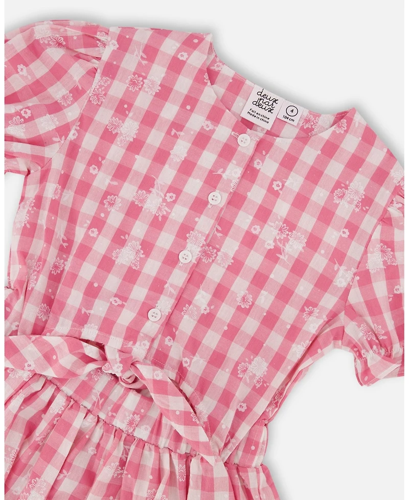 Deux par Deux Toddler Girls Puff Sleeve Dress With Waist Tie Pink And White Checks - Toddler|Child