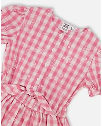 Deux par Deux Toddler Girls Puff Sleeve Dress With Waist Tie Pink And White Checks - Toddler|Child