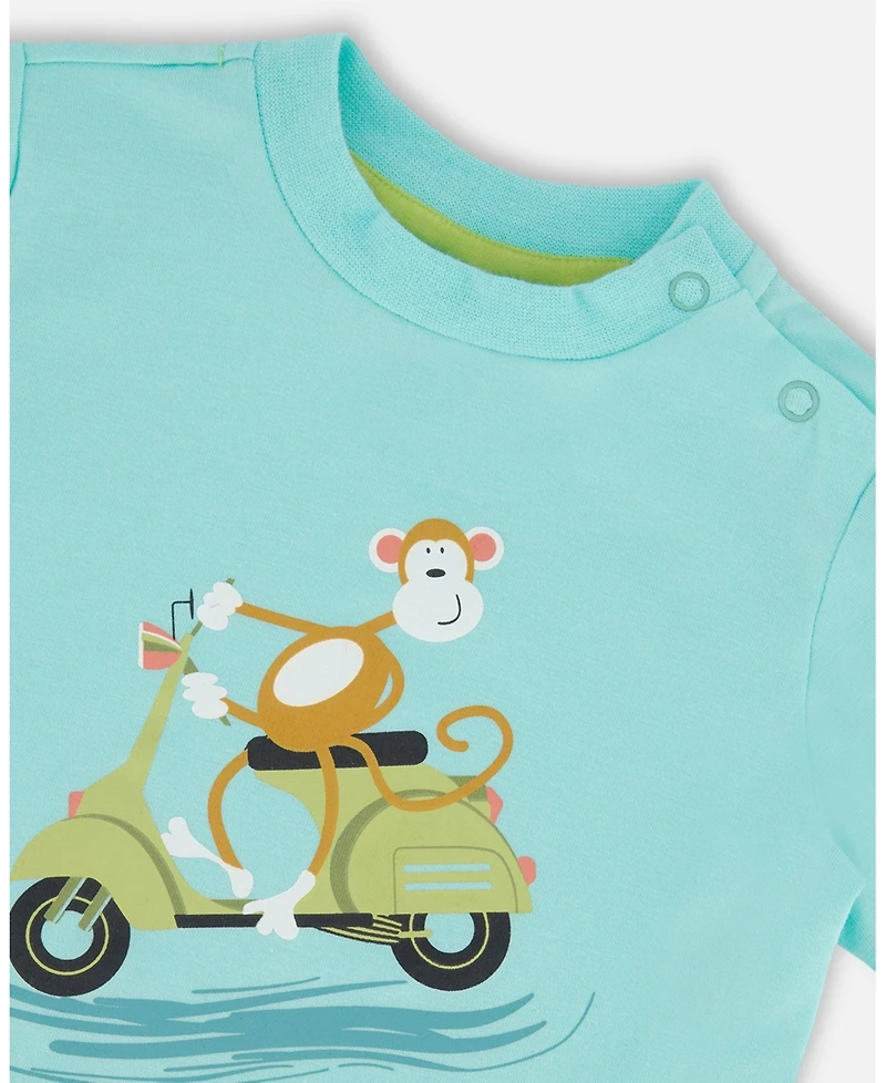 Deux par Deux Baby Boys Two-Piece Top And Short Set Monkey On Navy And Turquoise Moped