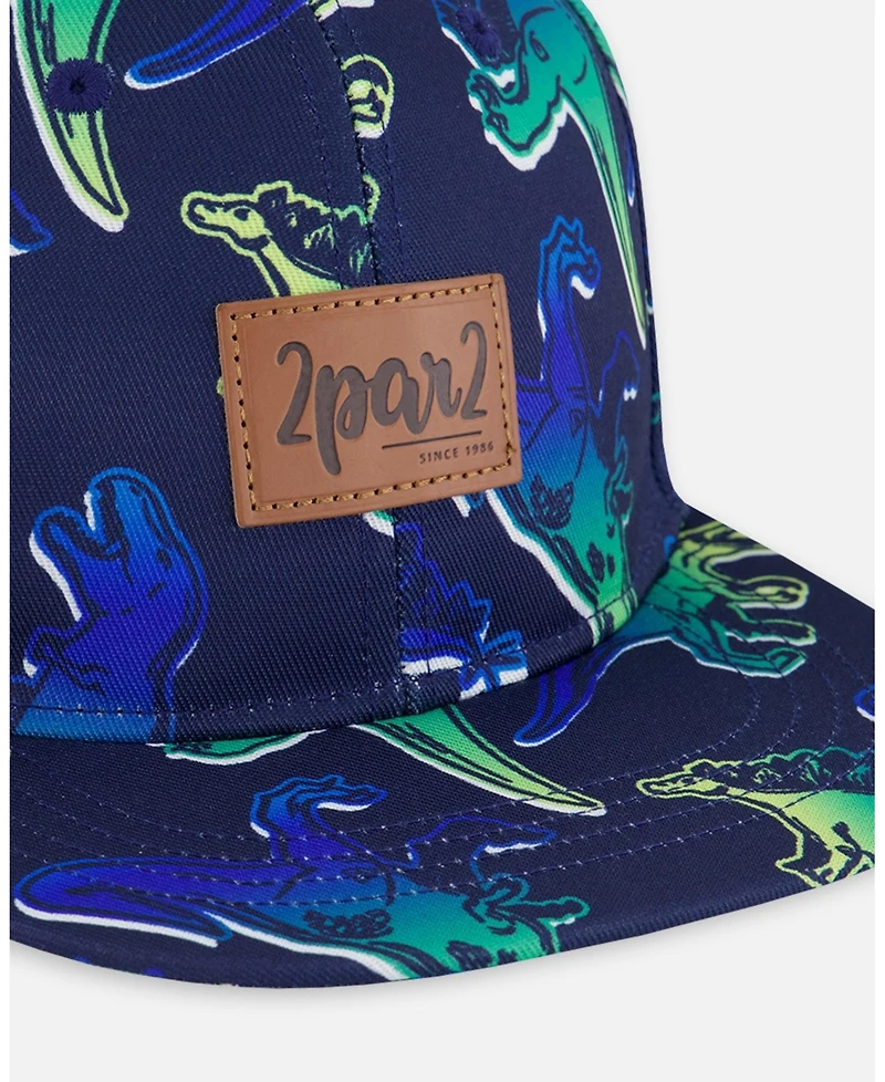 Deux par Deux Boy Printed Cap Blue And Green Dino On Navy - Toddler|Child