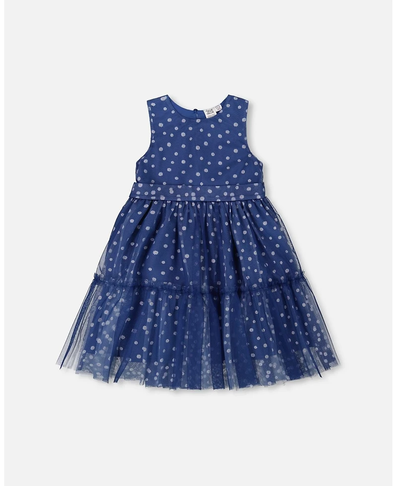 Deux par Baby Girls Printed Tiered Dress Blue With Daisy Print