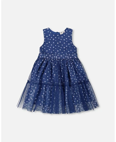 Deux par Baby Girls Printed Tiered Dress Blue With Daisy Print