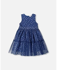 Deux par Baby Girls Printed Tiered Dress Blue With Daisy Print